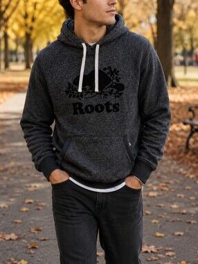 Roots Charcoal Logo Hoodie Men's Small Gray Pullover Kangaroo Pocket Sweatshirt